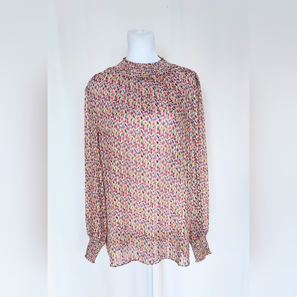 Renuar Long Sleeve Smocked Neck Chiffon Metallic Blouse Pink Womens Size Small